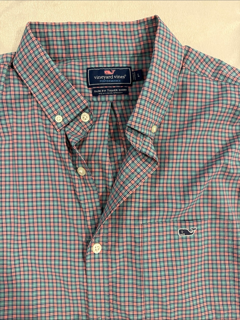 Vineyard Vines Button-Down Plaid Shirt in Teal & Pink LARGE